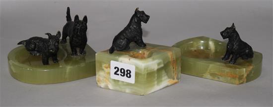 Three bronze and green onyx terrier ashtrays